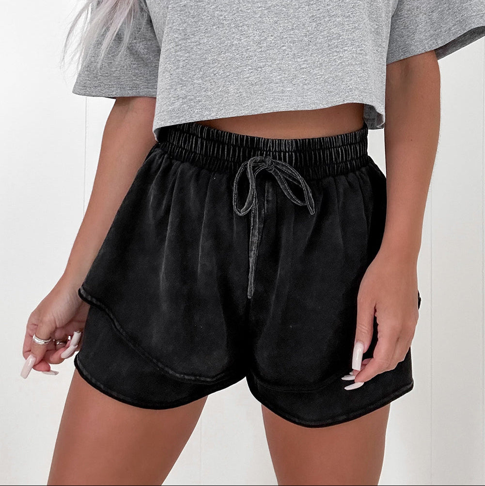 Black Mineral Wash French Terry Drawstring Elastic Waistband Casual Shorts