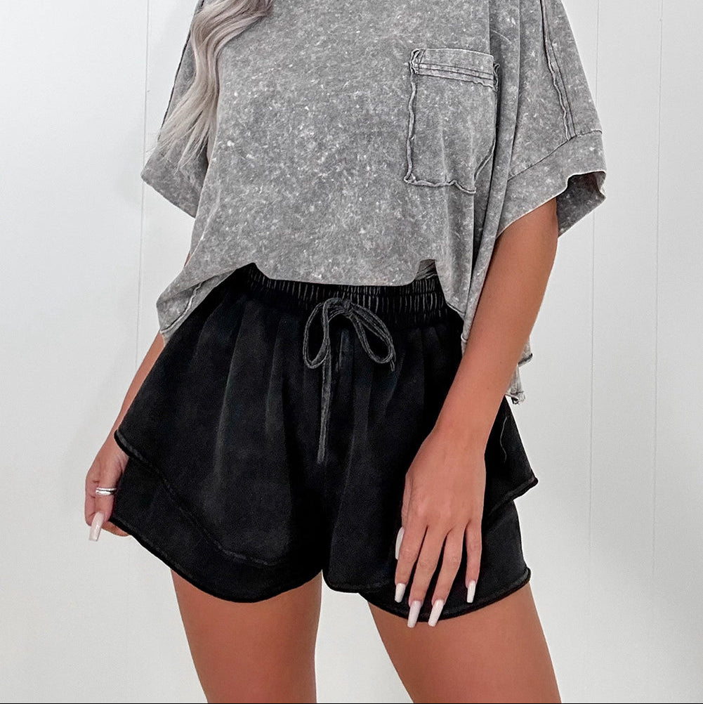 Black Mineral Wash French Terry Drawstring Elastic Waistband Casual Shorts